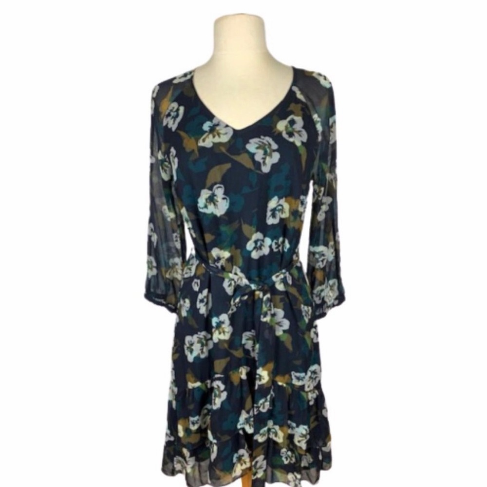 CAbi Pirouette Floating Flowers Dress Medium Teal Floral Chiffon Belted Boho - Picture 2 of 8